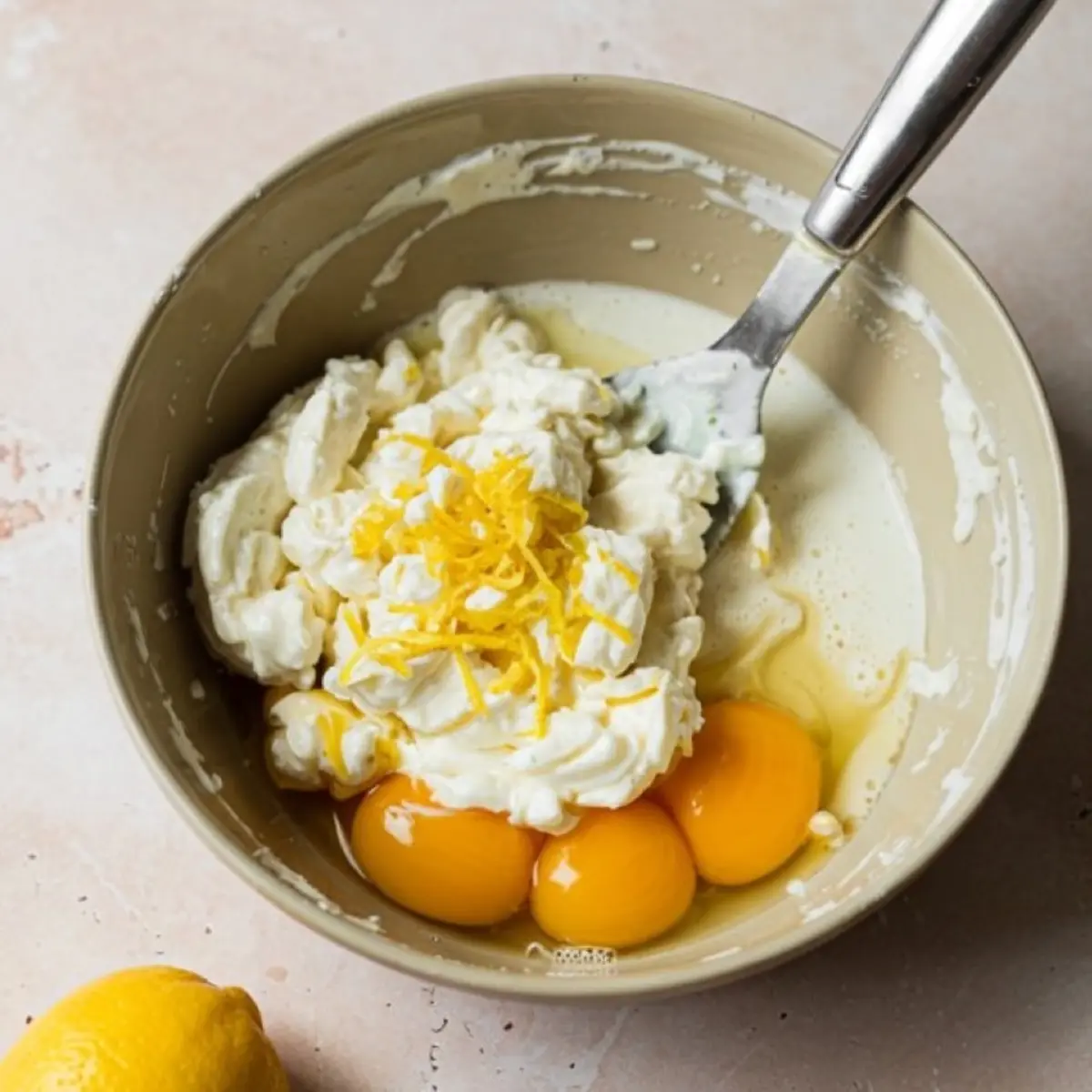 Mixing bowl filled with ricotta cheese, egg yolks, lemon zest, and milk ready to be stirred, with a lemon in the background on a soft pink surface.
