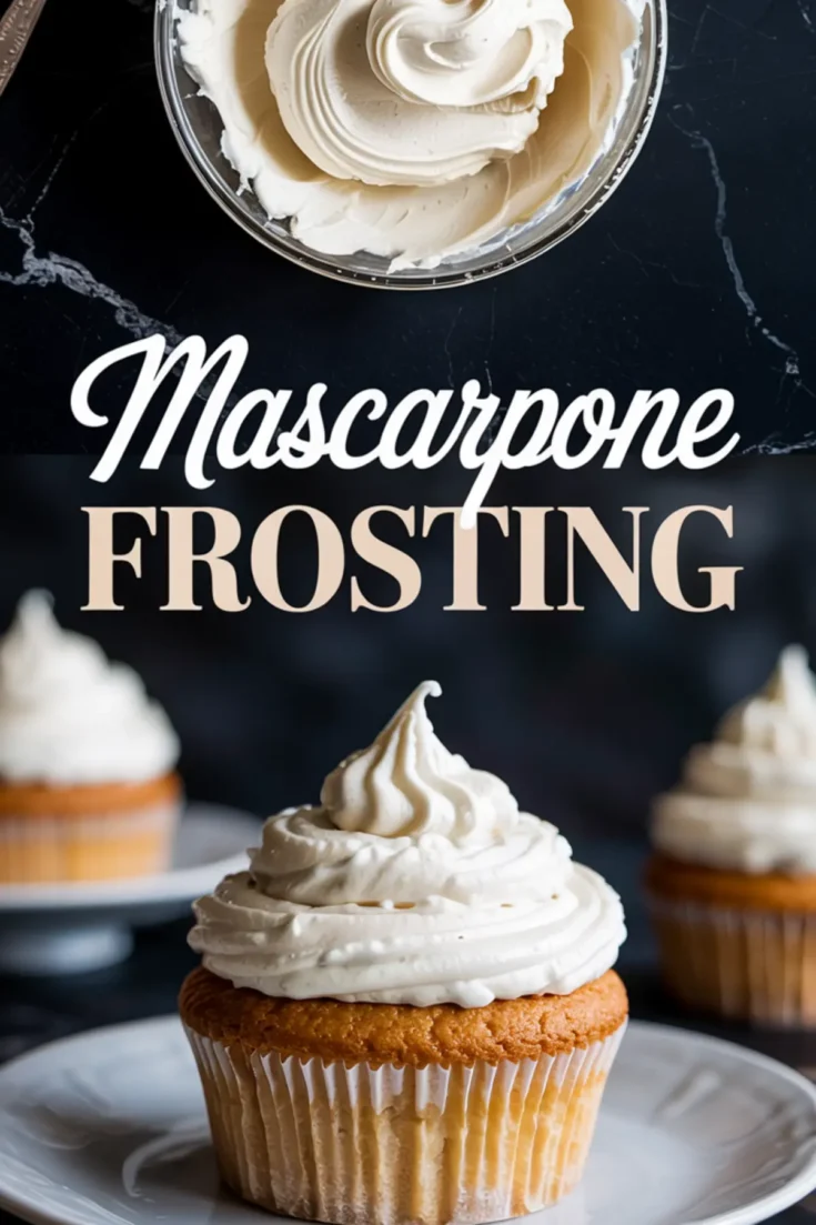 Top-down collage of mascarpone frosting in a glass bowl and a cupcake topped with piped frosting, with large “Mascarpone FROSTING” text in center and blurred cupcakes in background.