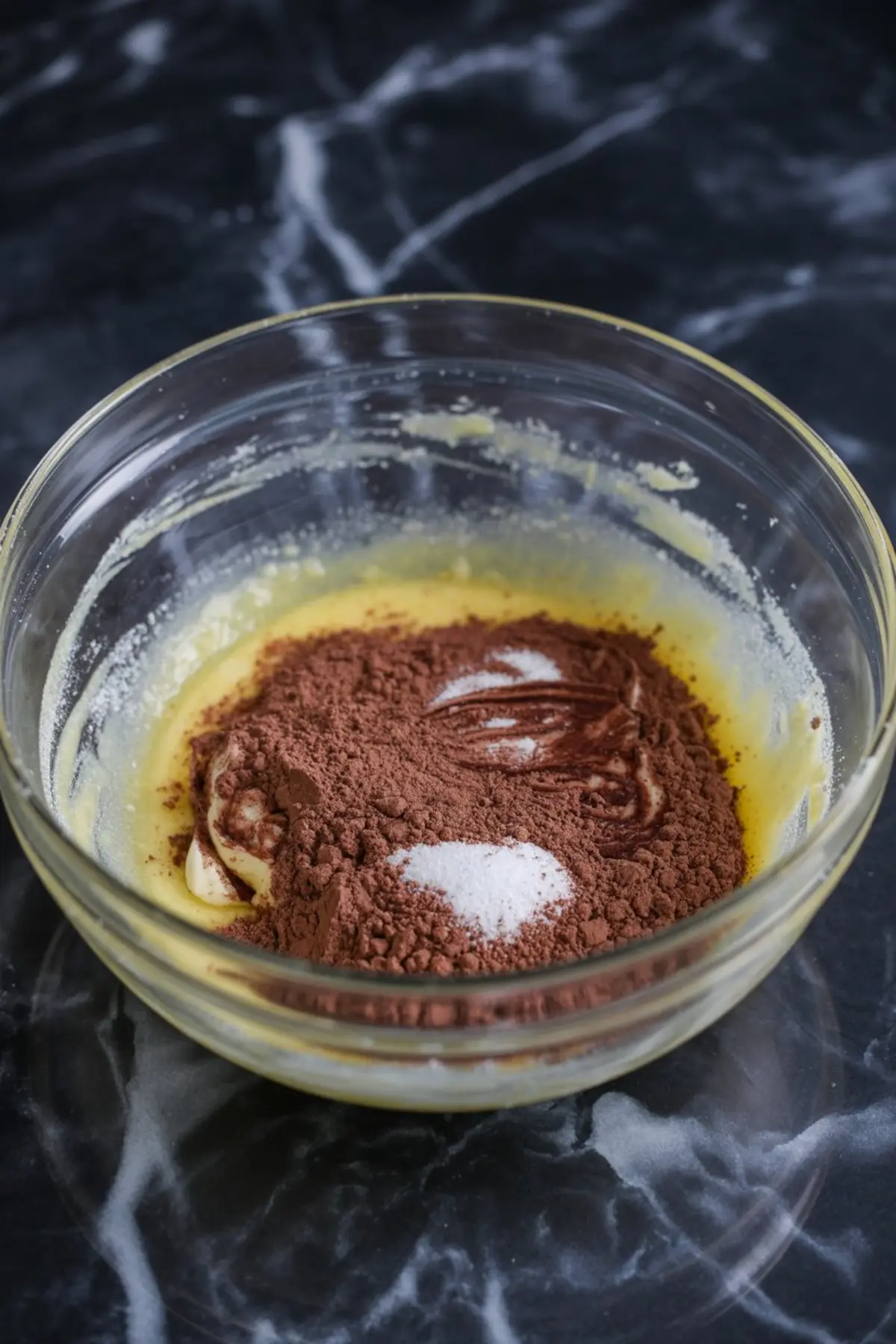 Glass mixing bowl on dark marble countertop filled with a yellow wet batter base, topped with cocoa powder and baking soda, showing the initial step of chocolate cookie dough preparation.
