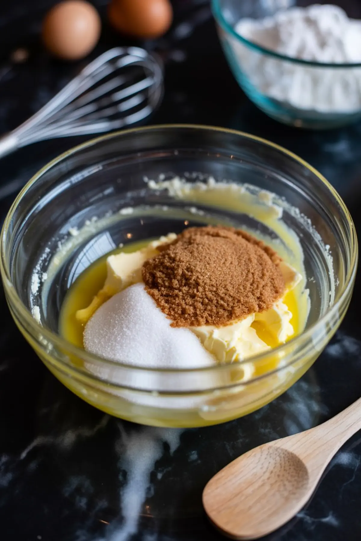 Glass bowl with softened butter, white sugar, and brown sugar being creamed together, placed on a marble surface next to a wooden spoon and baking ingredients in the background.
