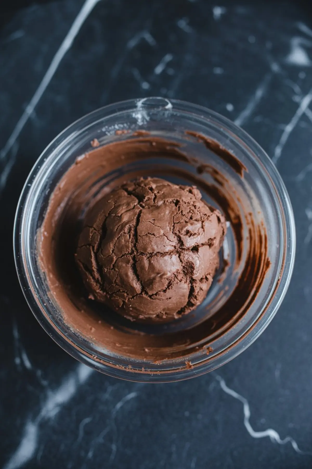 Smooth ball of chocolate cookie dough in a glass bowl, featuring a rich dark brown color and crackled texture ready for shaping or chilling.
