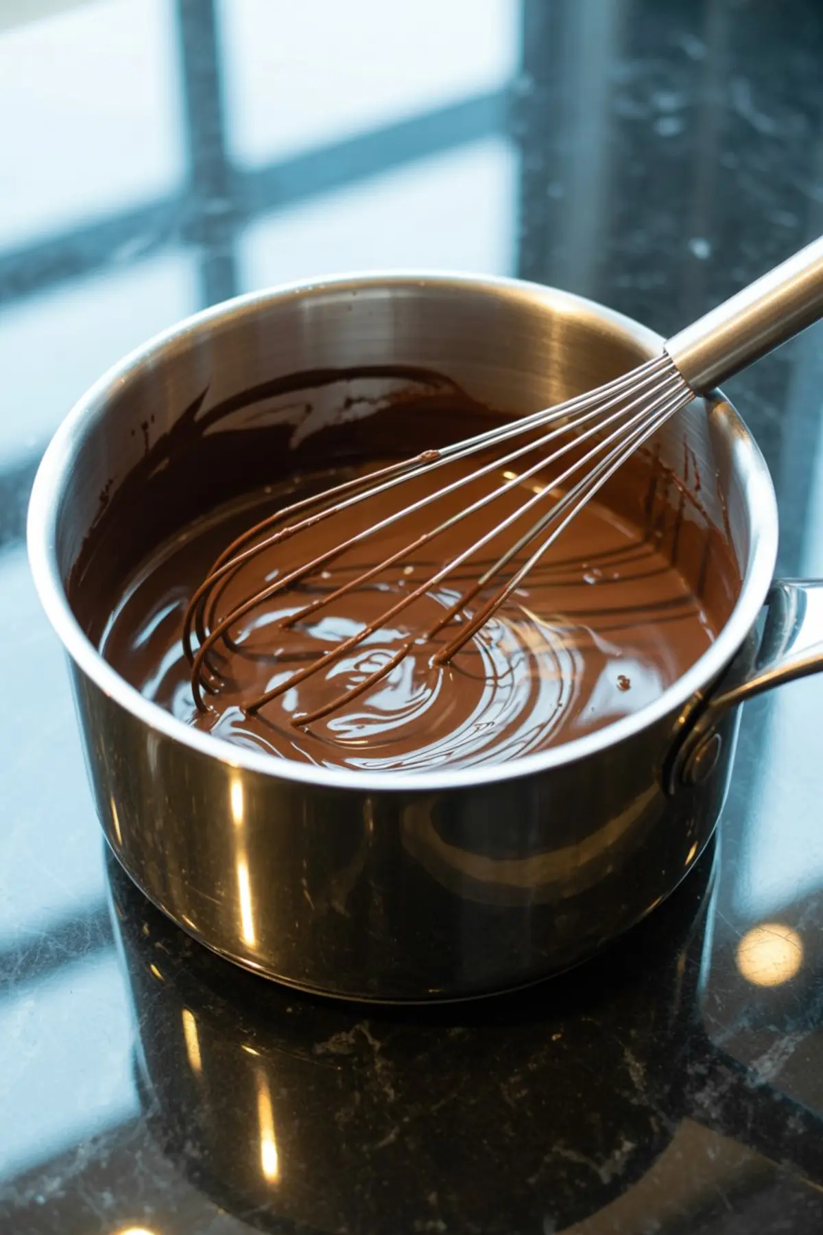 Stainless steel saucepan filled with melted dark chocolate, being stirred with a wire whisk on a black marble countertop.
