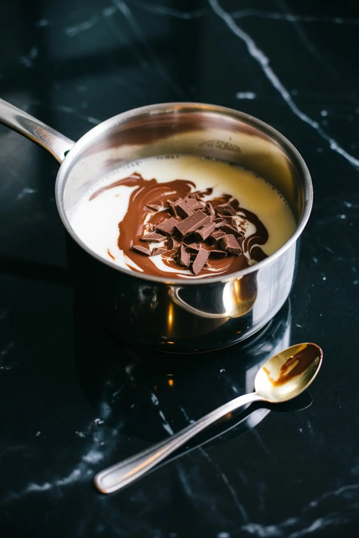 Chunks of chocolate melting into warm milk in a stainless steel saucepan, with a spoon resting beside it on a black marble surface.
