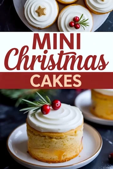 Vertical collage showing mini Christmas cakes topped with white frosting, cranberries, rosemary, and gold stars, arranged with festive text reading “Mini Christmas Cakes” in bold red and cream letters.
