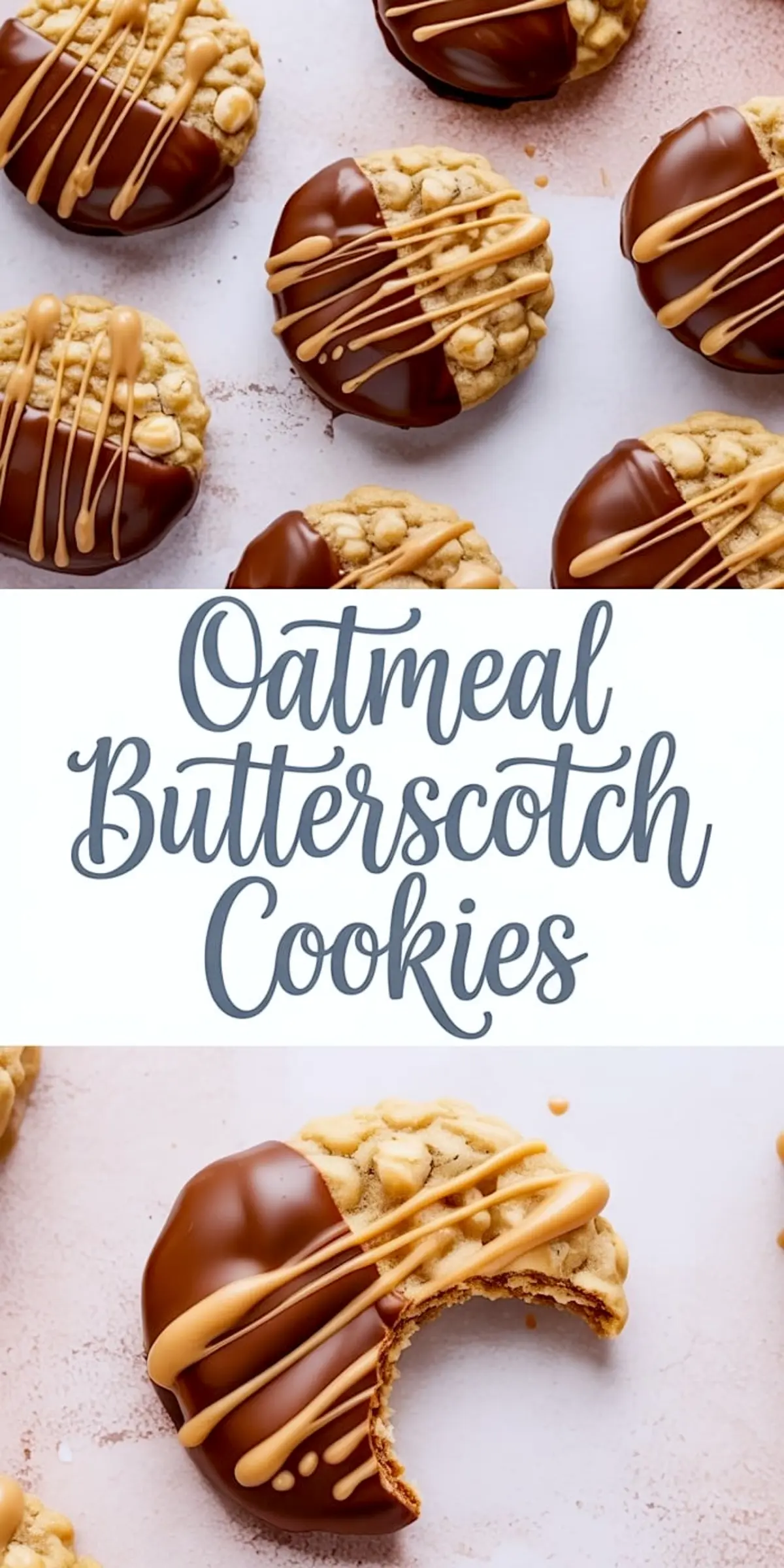Round oatmeal butterscotch cookies dipped halfway in chocolate and drizzled with golden butterscotch topping, arranged on a light pink background.
