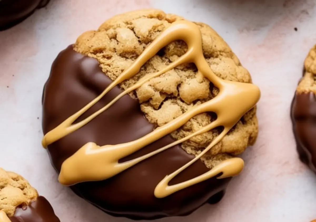 Close-up of a thick oatmeal cookie half-dipped in chocolate and decorated with generous butterscotch drizzle, showing cookie texture and glossy chocolate finish.
