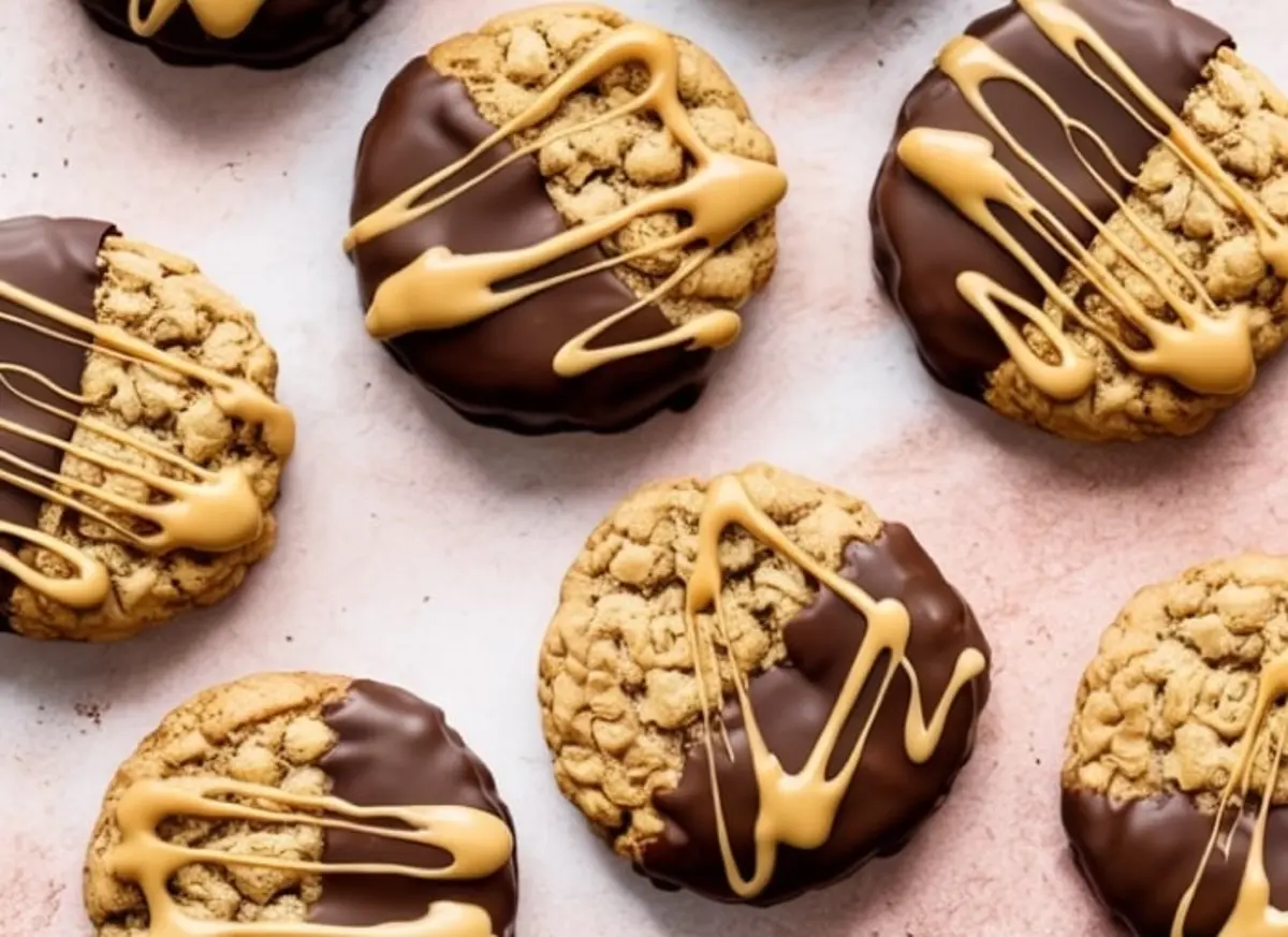 Flat lay of oatmeal cookies half-dipped in chocolate and topped with zigzag butterscotch drizzle, displayed on a light pink surface.
