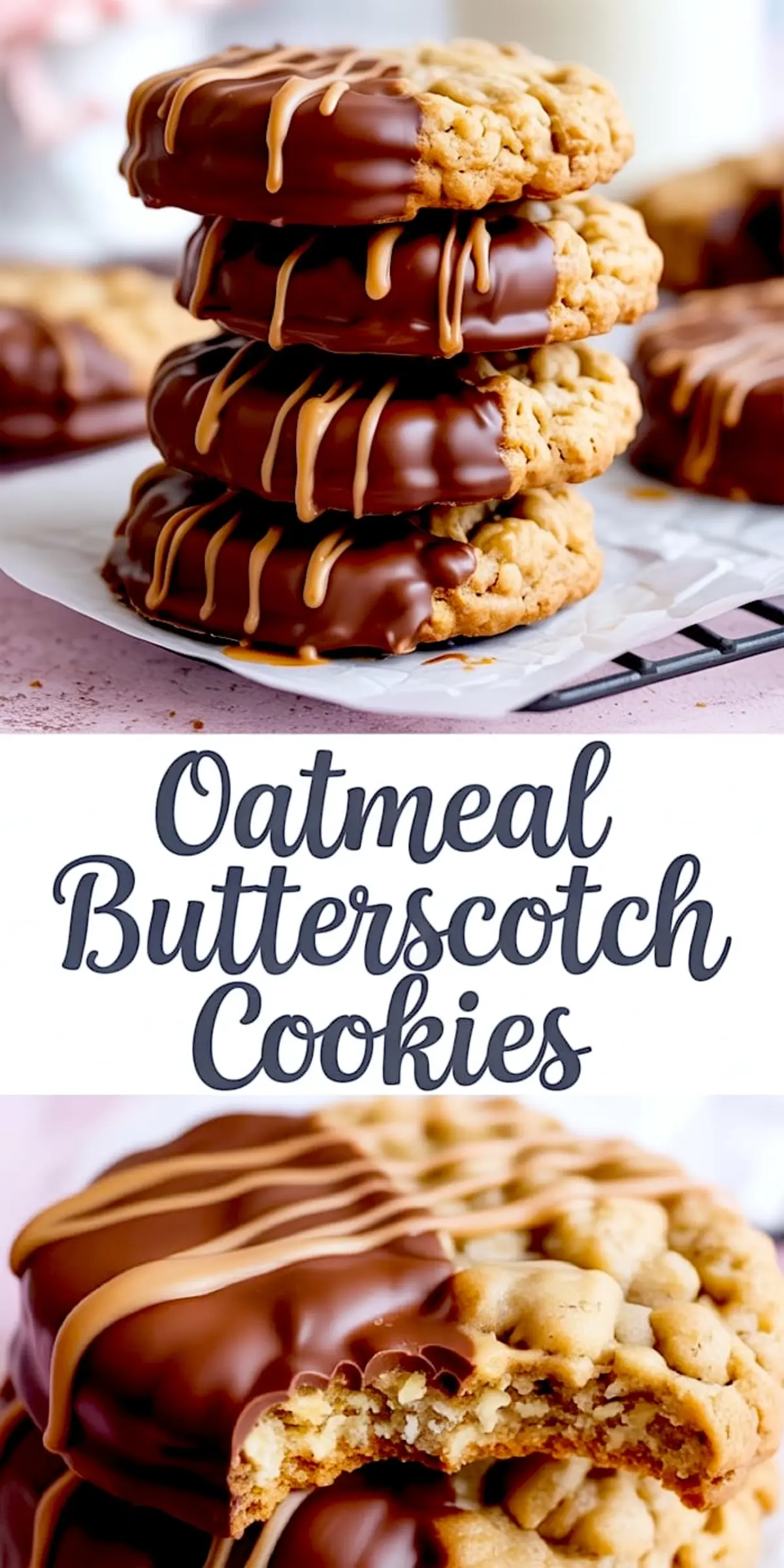 Stack of thick oatmeal butterscotch cookies dipped in dark chocolate and decorated with butterscotch drizzle, placed on parchment paper with a cookie shown in close-up and a bite taken.
