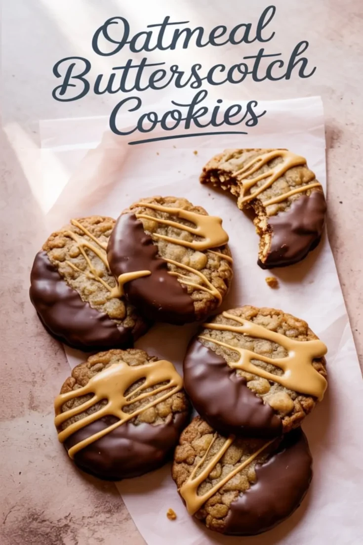 Six oatmeal butterscotch cookies dipped in chocolate and topped with golden drizzle, styled on parchment paper with one cookie showing a bite.