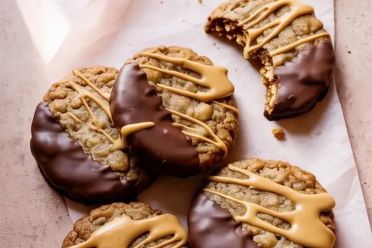 Six oatmeal butterscotch cookies dipped in chocolate and topped with golden drizzle, styled on parchment paper with one cookie showing a bite.