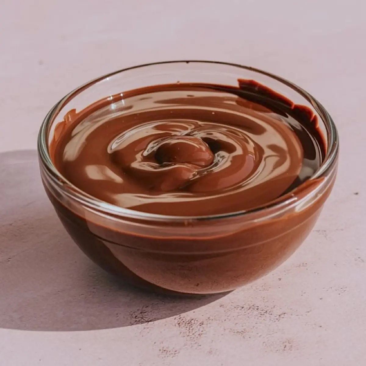 Glass bowl filled with silky melted chocolate, ready for dipping cookies, placed on a matte pink surface.
