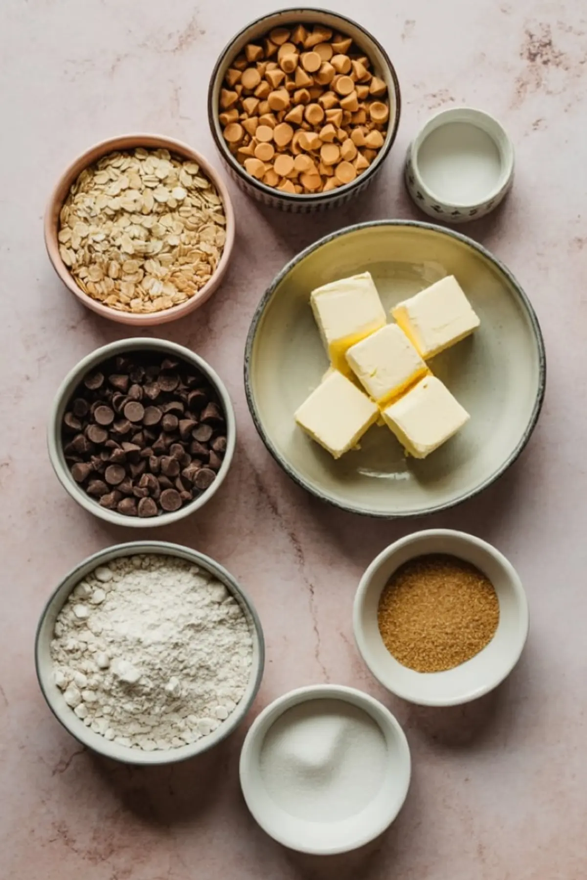 Flat lay of measured ingredients for oatmeal butterscotch cookies including oats, butterscotch chips, butter, chocolate chips, flour, brown sugar, granulated sugar, and milk.
