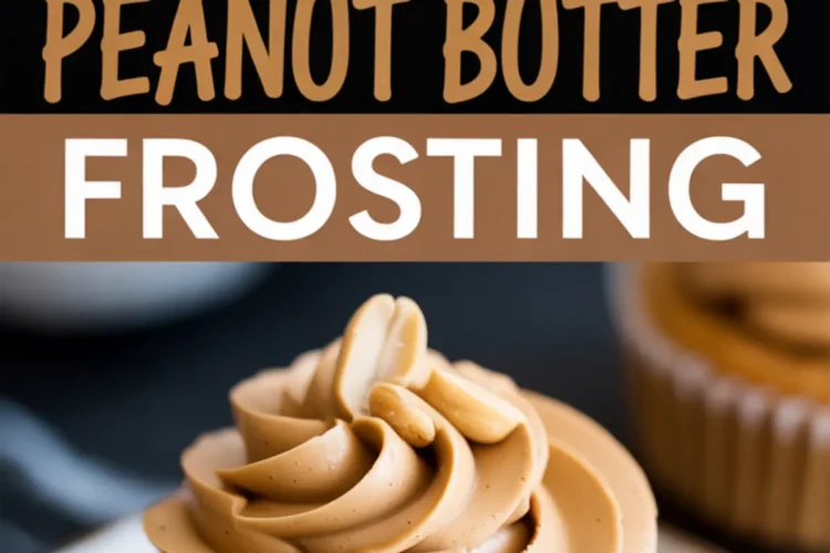 Collage featuring a bowl of smooth peanut butter frosting above and a cupcake topped with piped frosting and peanut garnish below, labeled “Peanut Butter Frosting.” Optimized for best peanut butter frosting, peanut butter cake frosting, and peanut butter icing recipe.
