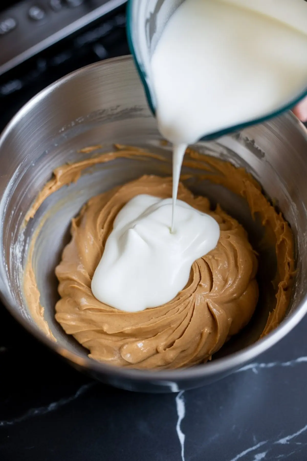 Thick sour cream being poured from a measuring cup into a mixing bowl of whipped peanut butter mixture for frosting preparation.
