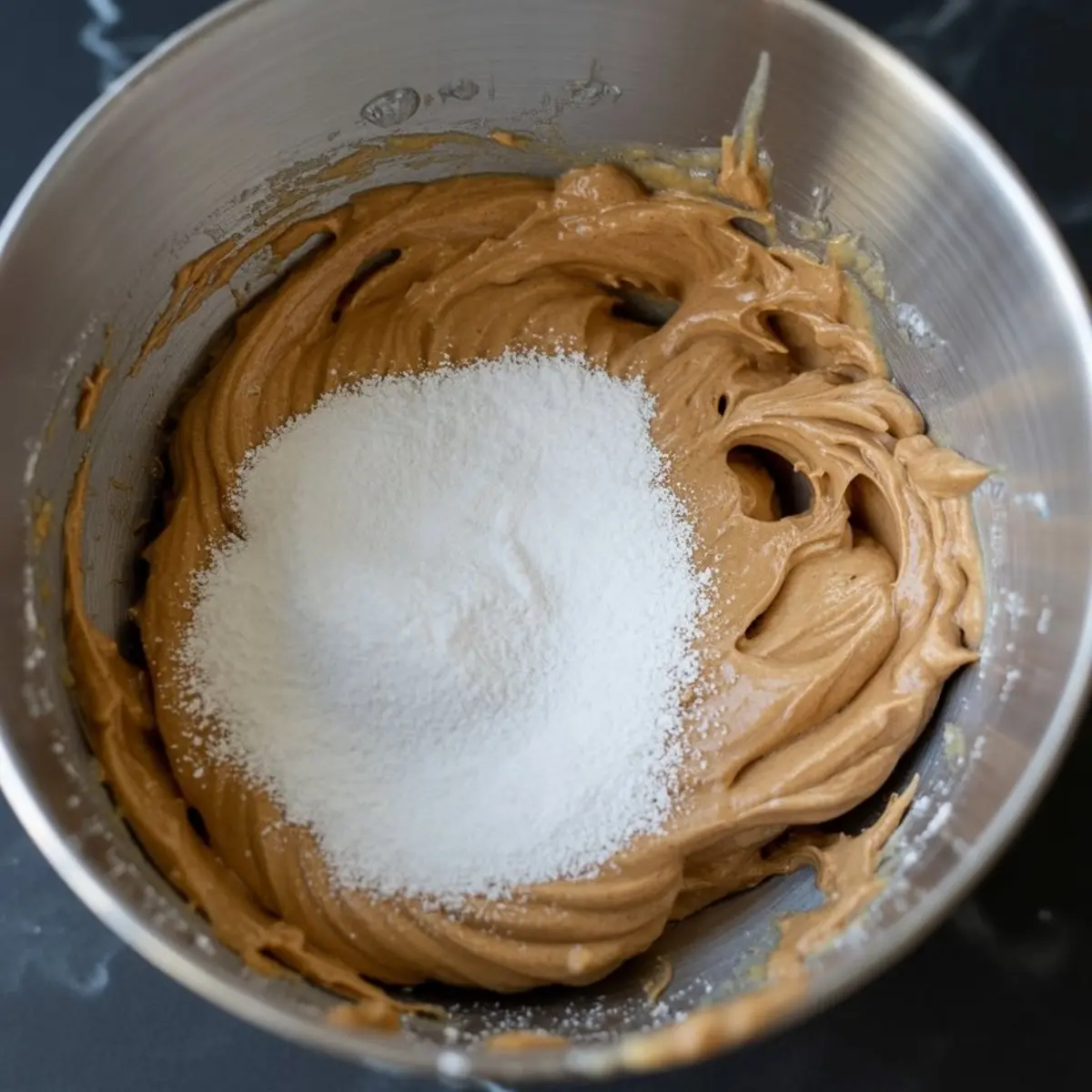 Electric mixing bowl filled with whipped peanut butter mixture, topped with a heap of powdered sugar before blending.
