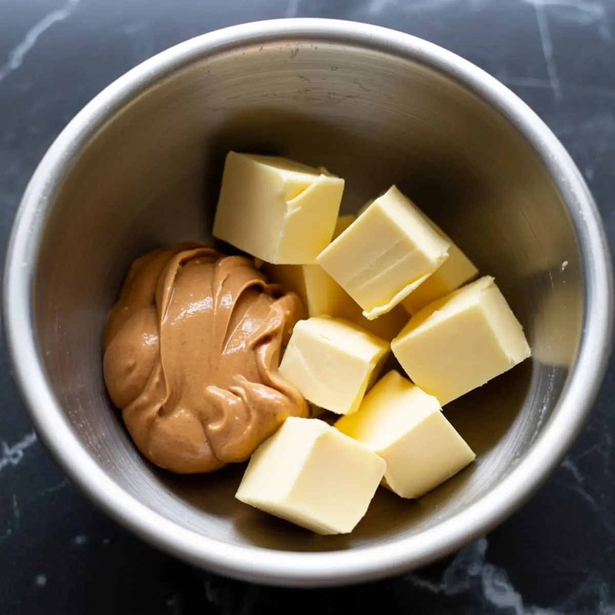 Close-up of a stainless steel bowl containing cubed butter and a generous dollop of peanut butter, ready for mixing.
