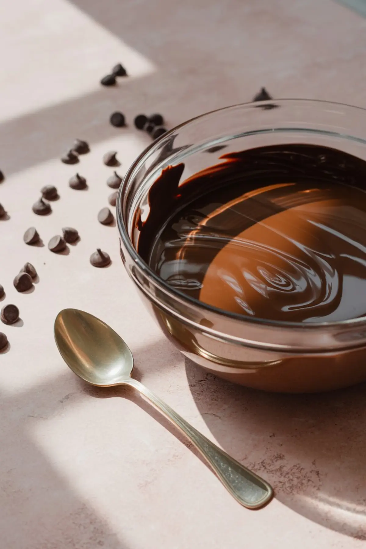 Glass bowl filled with glossy melted chocolate surrounded by scattered chocolate chips and a metal spoon on a sunlit pink surface.
