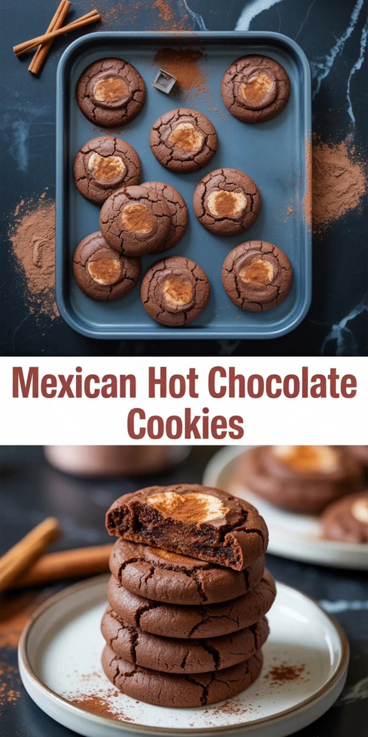 Collage showing a metal baking tray with freshly baked Mexican hot chocolate cookies dusted with cinnamon, and a stack of cookies on a white plate, one bitten to reveal a soft chocolate center, with cinnamon sticks and cocoa powder scattered around.
