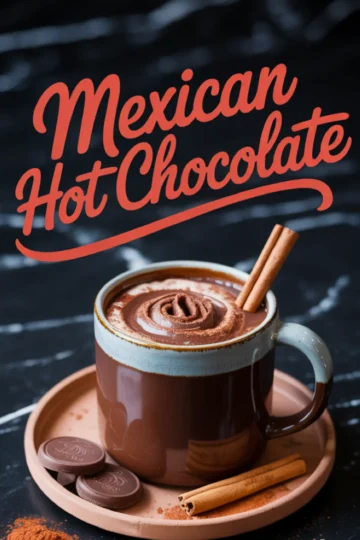 Steaming cup of Mexican hot chocolate with a swirl of frothy chocolate on top and two cinnamon sticks, served on a round tray with chocolate discs and cinnamon on the side, with bold text “Mexican Hot Chocolate”.