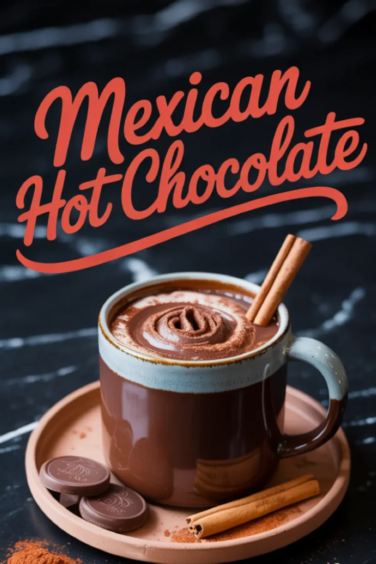 Steaming cup of Mexican hot chocolate with a swirl of frothy chocolate on top and two cinnamon sticks, served on a round tray with chocolate discs and cinnamon on the side, with bold text “Mexican Hot Chocolate”.