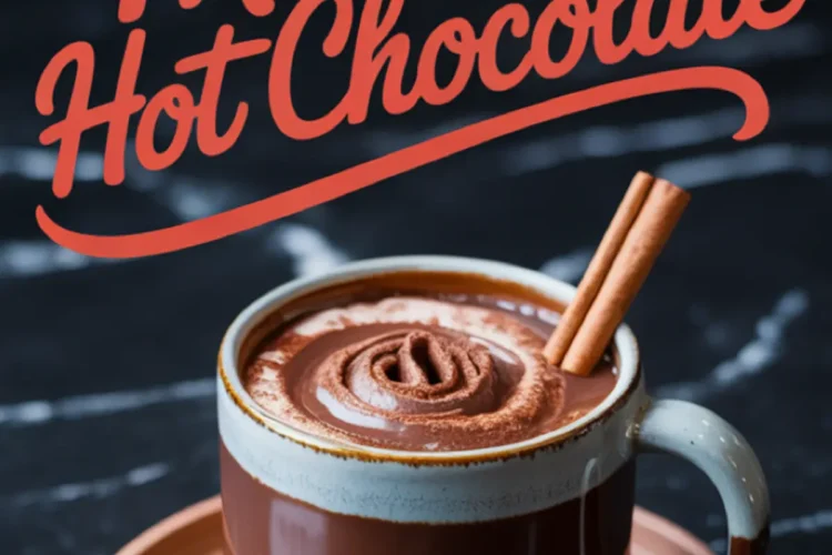 Steaming cup of Mexican hot chocolate with a swirl of frothy chocolate on top and two cinnamon sticks, served on a round tray with chocolate discs and cinnamon on the side, with bold text “Mexican Hot Chocolate”.