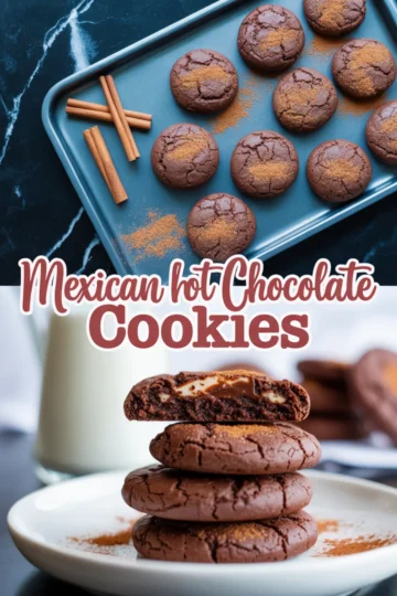 Collage featuring Mexican hot chocolate cookies on a baking tray with cinnamon sticks and cocoa dusting, and a plate of stacked cookies with a gooey marshmallow center next to a glass of milk.