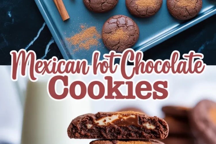 Collage featuring Mexican hot chocolate cookies on a baking tray with cinnamon sticks and cocoa dusting, and a plate of stacked cookies with a gooey marshmallow center next to a glass of milk.