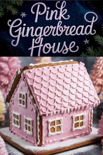 Collage featuring a decorated pink gingerbread house with scalloped icing roof and white frosted windows, styled with festive pastel trees, with central text reading “Pink Gingerbread House.”