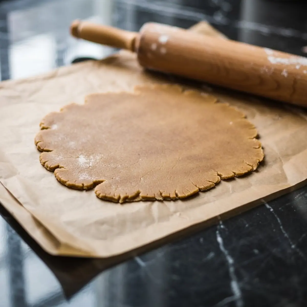 Rolled-out gingerbread dough on parchment paper with a wooden rolling pin resting beside it on a black marble surface.