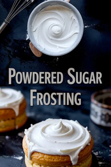 Creamy powdered sugar frosting in a bowl and spread on golden cupcakes, shown close-up to highlight the fluffy, smooth texture for icing and decorating.
