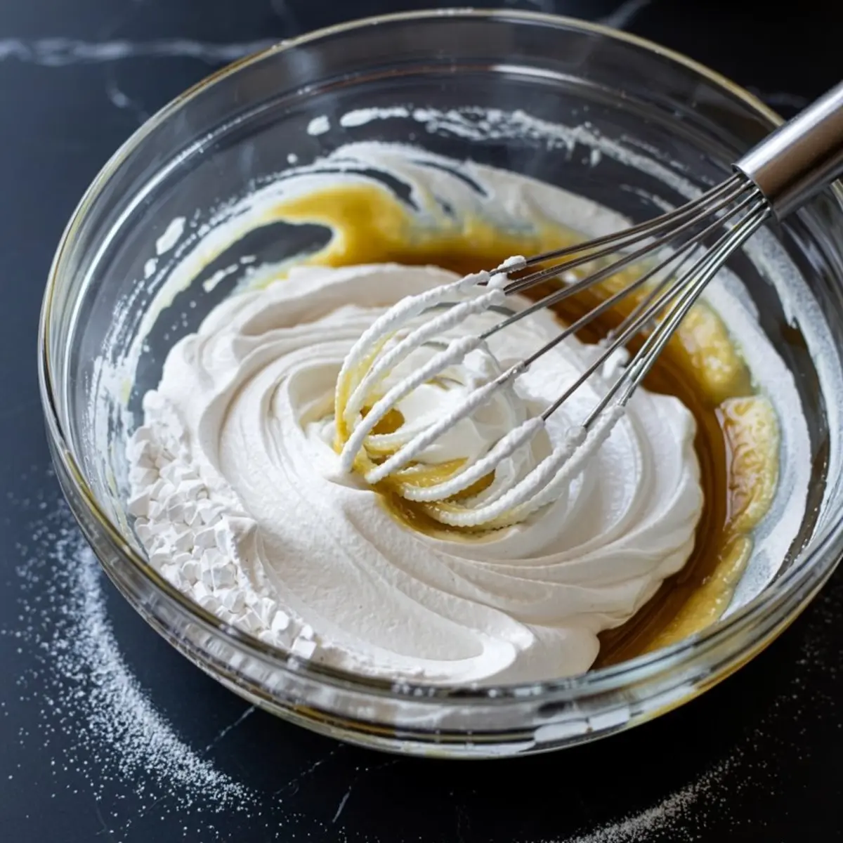 Powdered sugar frosting ingredients including whipped cream, vanilla extract, and confectioners’ sugar being mixed in a glass bowl with a whisk on a black surface.