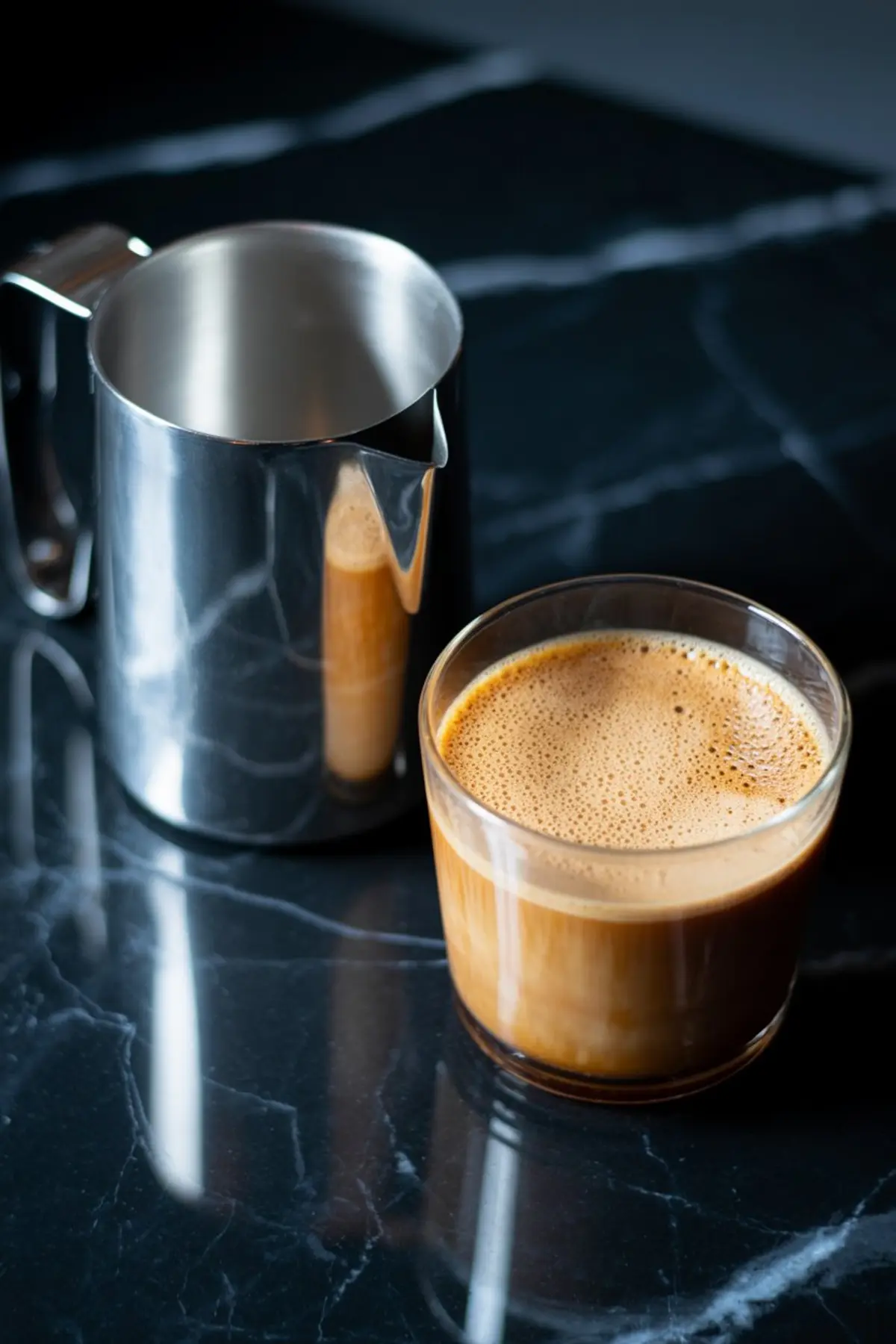 A glass of freshly brewed espresso with golden crema sits on a dark marble surface beside a stainless steel milk frothing pitcher, showcasing a minimalist coffee setup.
