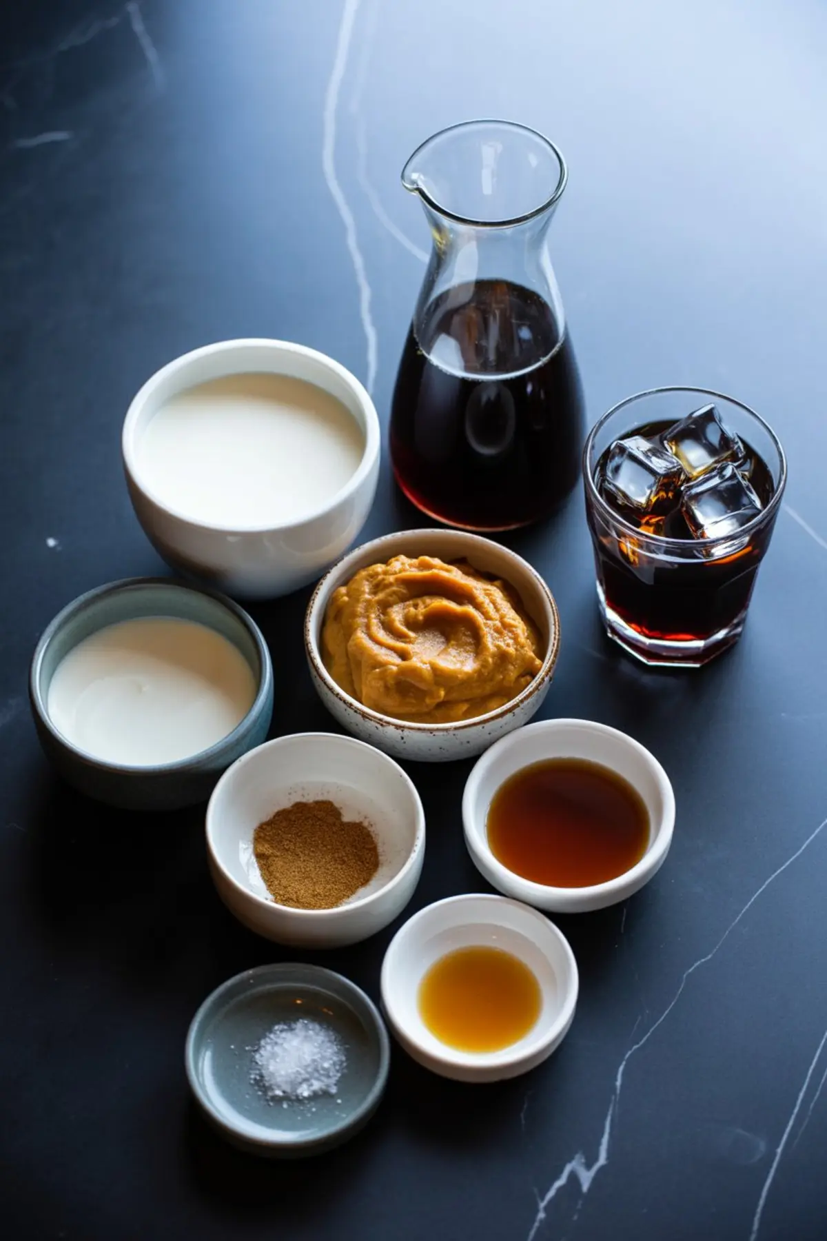 A flat lay of pumpkin cream cold foam ingredients on a dark countertop, including milk, heavy cream, pumpkin purée, cold brew coffee, ice cubes, vanilla extract, pumpkin spice, cinnamon, and simple syrup.
