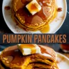 Collage of two stacked pumpkin pancake images; top view shows syrup-soaked pancakes topped with butter and pecans, while the bottom view reveals a cross-section of fluffy layers with rich orange hue and syrup drizzle.