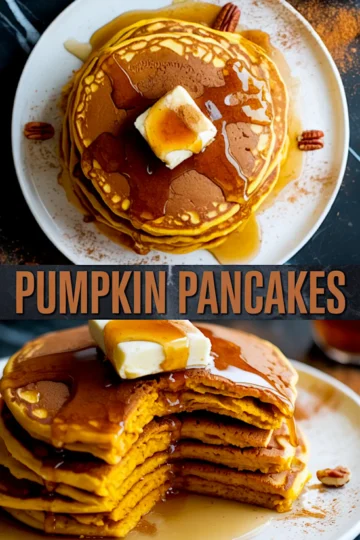 Collage of two stacked pumpkin pancake images; top view shows syrup-soaked pancakes topped with butter and pecans, while the bottom view reveals a cross-section of fluffy layers with rich orange hue and syrup drizzle.