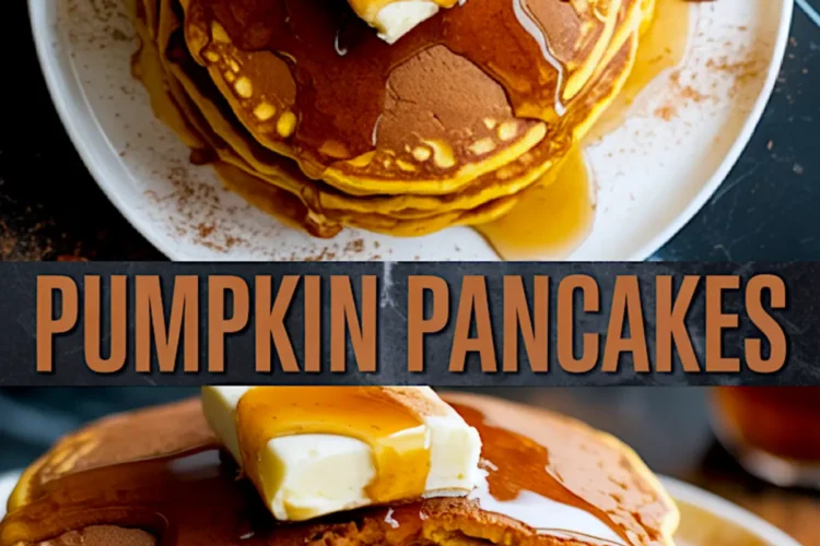 Collage of two stacked pumpkin pancake images; top view shows syrup-soaked pancakes topped with butter and pecans, while the bottom view reveals a cross-section of fluffy layers with rich orange hue and syrup drizzle.