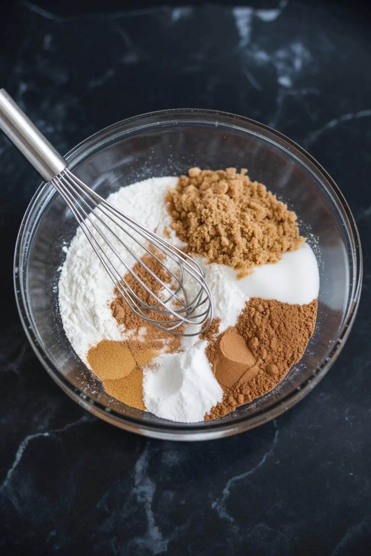 Glass mixing bowl filled with flour, brown sugar, granulated sugar, baking soda, baking powder, cinnamon, nutmeg, ginger, and cloves, with a metal whisk resting on top, arranged on a dark countertop.