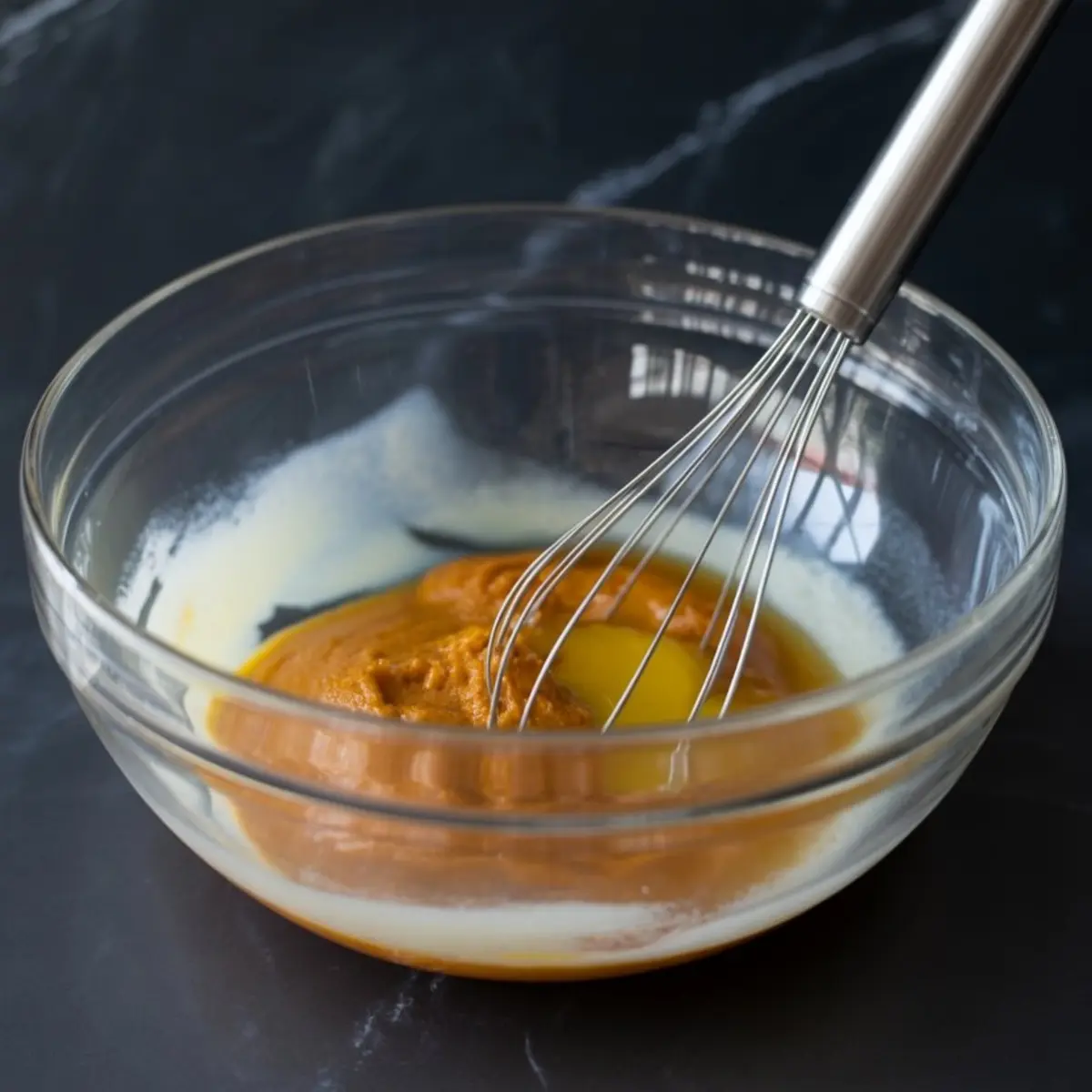 Wet ingredients including pumpkin puree, melted butter, and milk partially whisked together in a glass bowl on a dark surface.