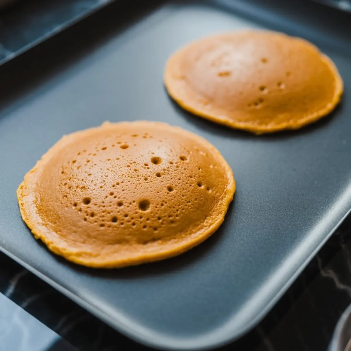 Two golden-brown pumpkin pancake rounds cooking on a non-stick griddle, with bubbles forming on the surface indicating doneness.