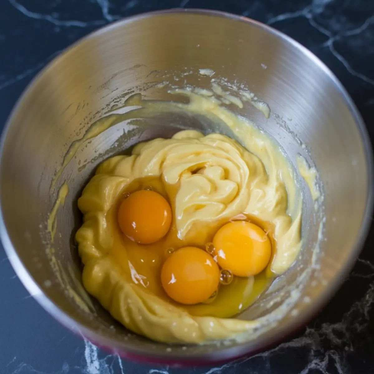 Metal mixing bowl containing cake batter and three raw egg yolks sitting on top, midway through baking preparation on a black marble surface.
