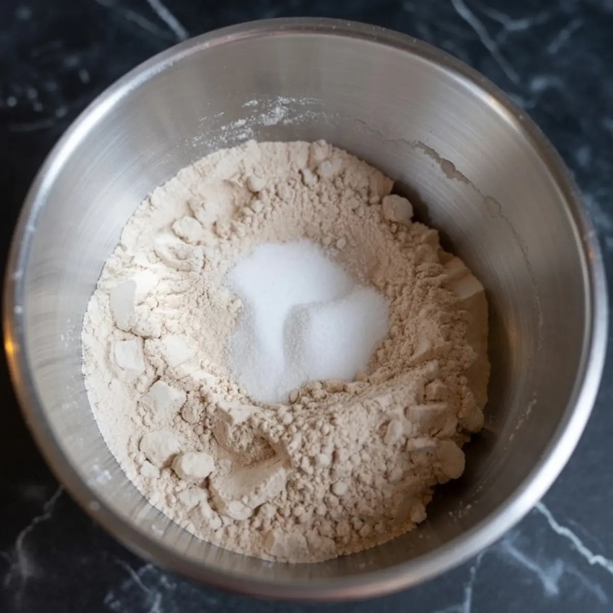 Stainless steel mixing bowl filled with flour, sugar, and chunks of cold butter on a dark marble countertop, showing dry ingredients for baking.
