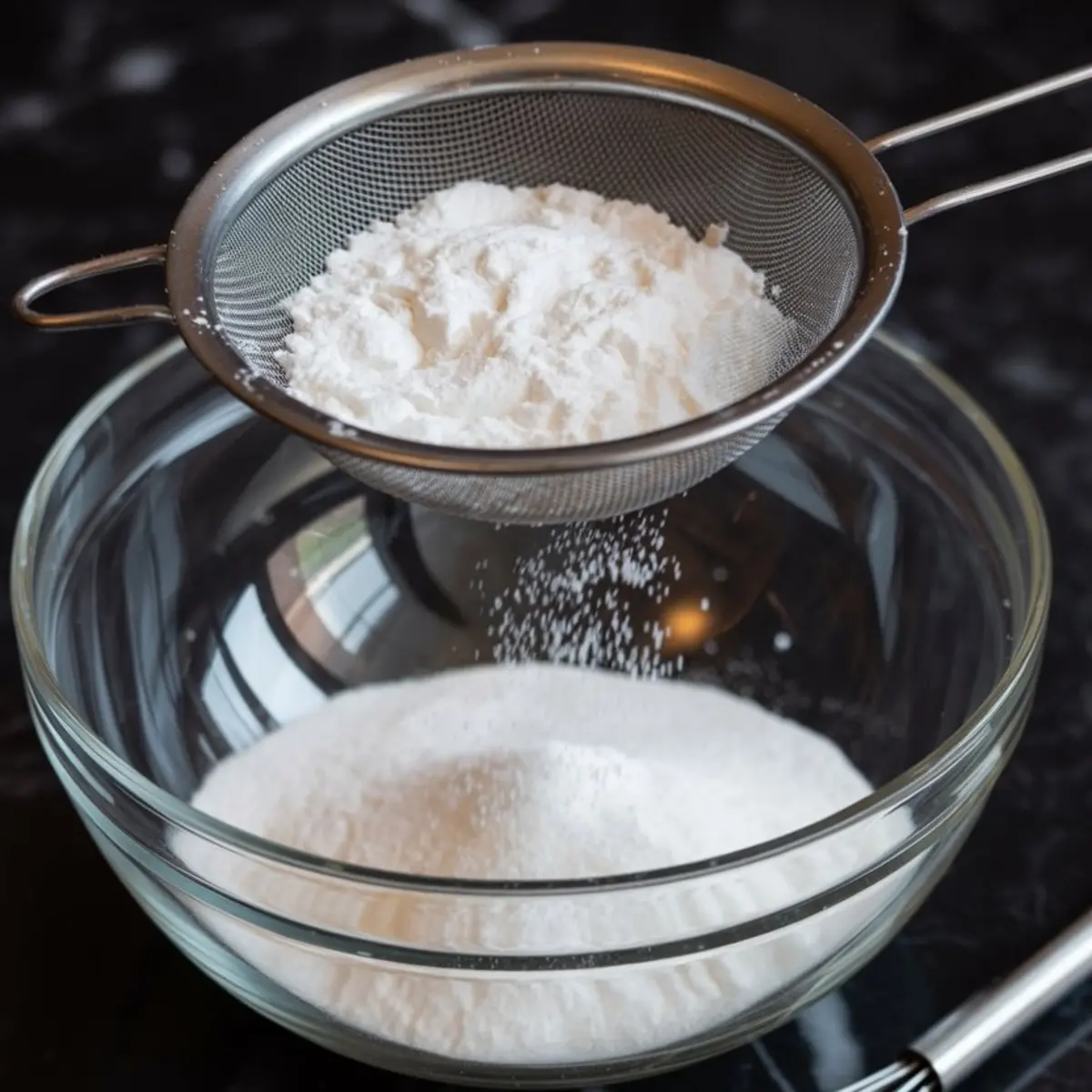 Fine powdered sugar being sifted through a metal mesh strainer into a clear glass mixing bowl on a dark countertop.