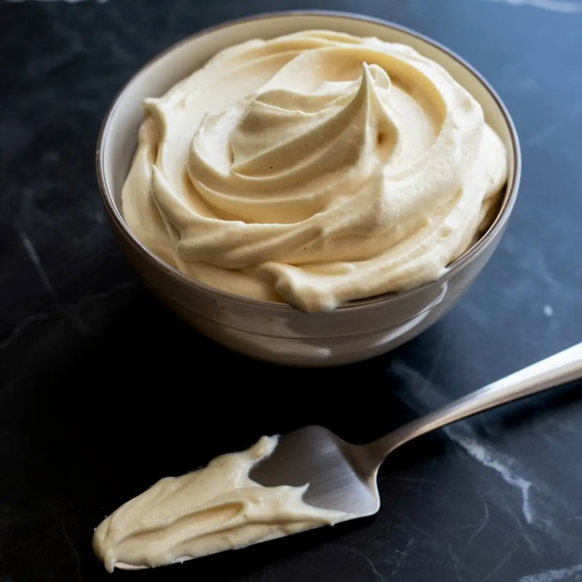 Small ceramic bowl filled with creamy vanilla frosting, with a dollop swirled onto a silver spatula, placed on a black stone surface.
