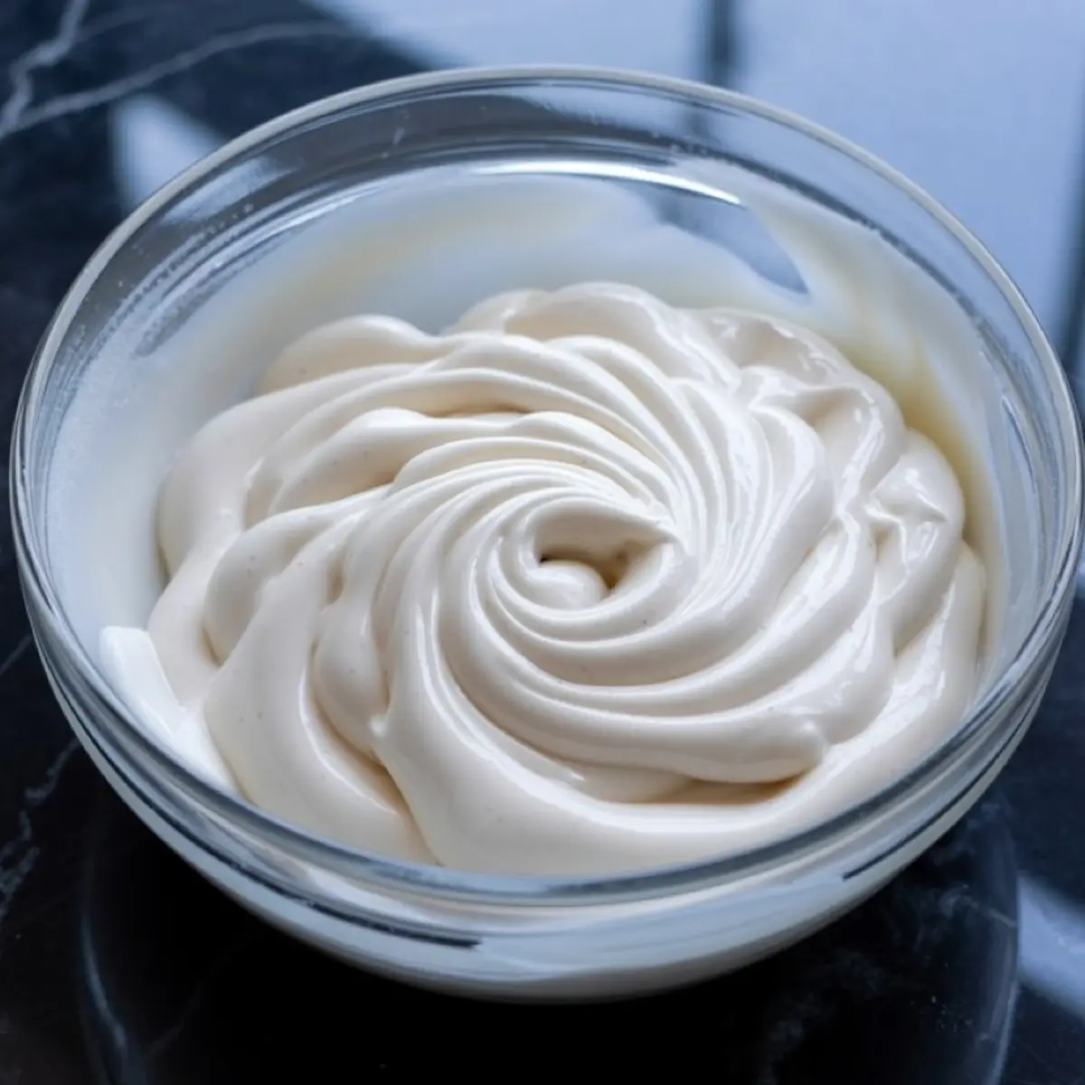 Smooth vanilla royal icing swirled into a decorative pattern in a clear glass bowl on a black marble surface.