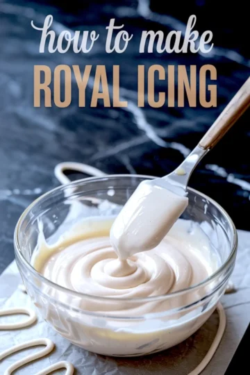 Glass bowl of freshly made royal icing with a spatula lifting the icing, surrounded by piped icing lines and a “how to make ROYAL ICING” text overlay.