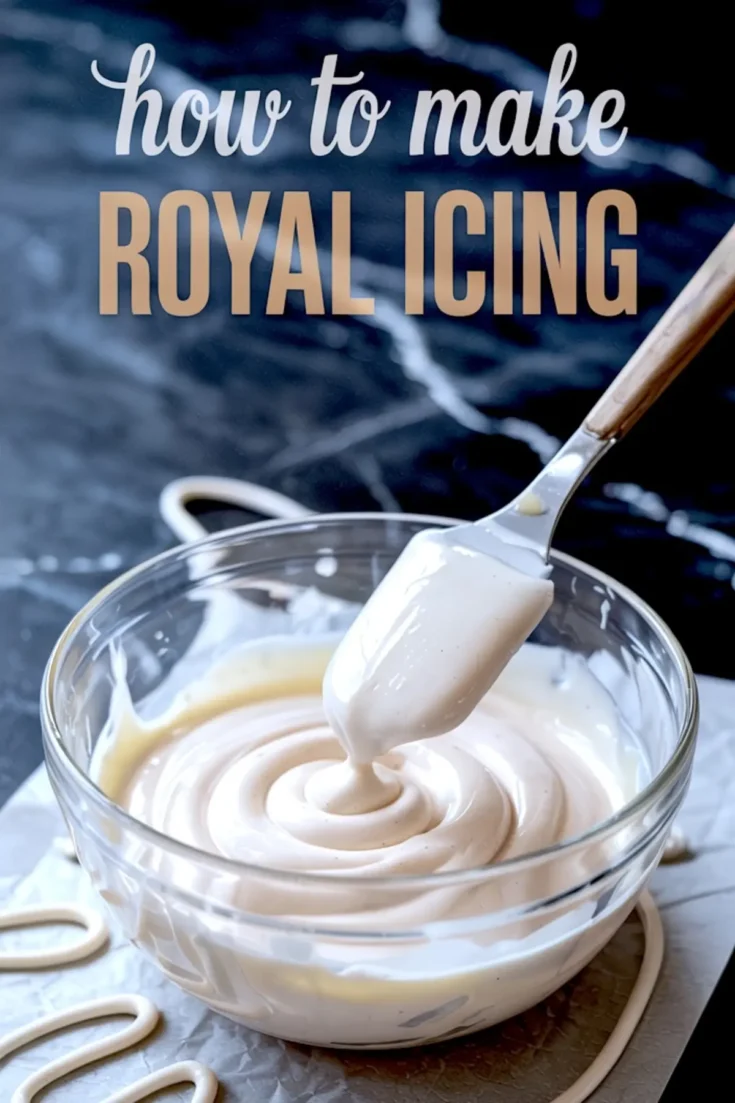 Glass bowl of freshly made royal icing with a spatula lifting the icing, surrounded by piped icing lines and a “how to make ROYAL ICING” text overlay.