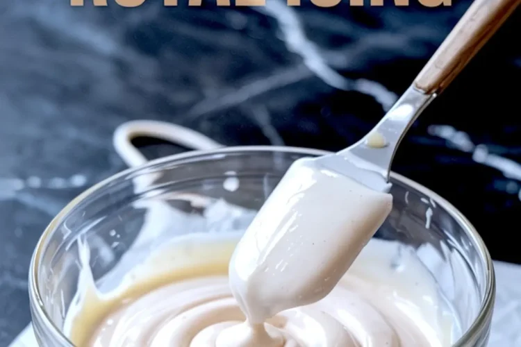 Glass bowl of freshly made royal icing with a spatula lifting the icing, surrounded by piped icing lines and a “how to make ROYAL ICING” text overlay.
