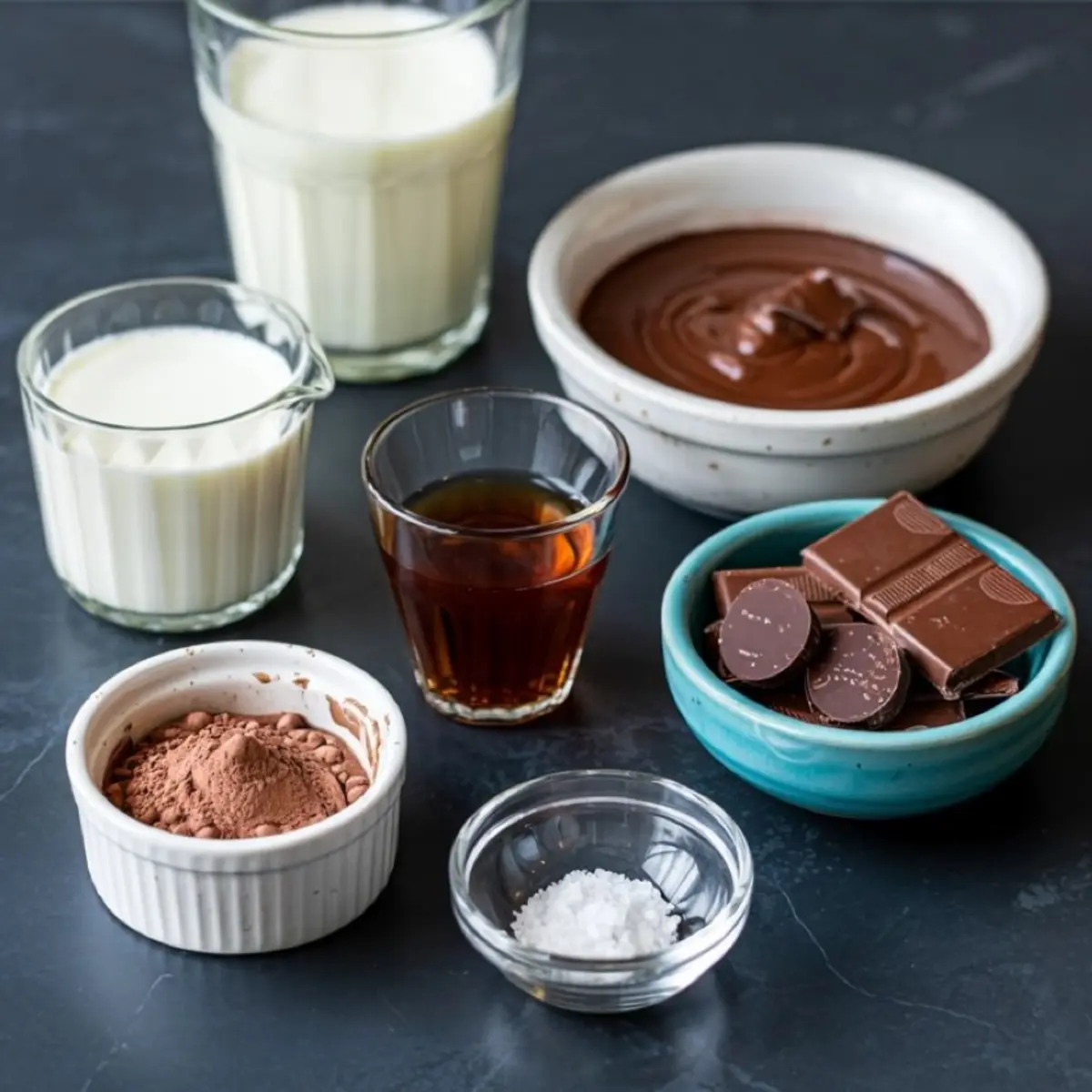 Glass cups and ceramic bowls filled with hot chocolate ingredients on a dark surface, including whole milk, heavy cream, cocoa powder, vanilla extract, sea salt, melted chocolate, and chopped chocolate pieces.