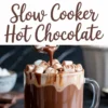 Collage of slow cooker hot chocolate in a white crockpot with melted chocolate chunks and mini marshmallows nearby, paired with a close-up of a glass mug overflowing with marshmallow-topped hot chocolate as it’s being poured.