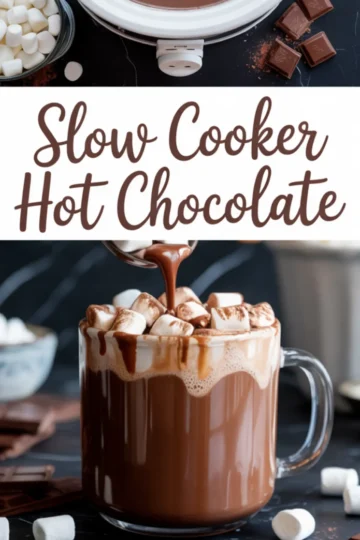 Collage of slow cooker hot chocolate in a white crockpot with melted chocolate chunks and mini marshmallows nearby, paired with a close-up of a glass mug overflowing with marshmallow-topped hot chocolate as it’s being poured.